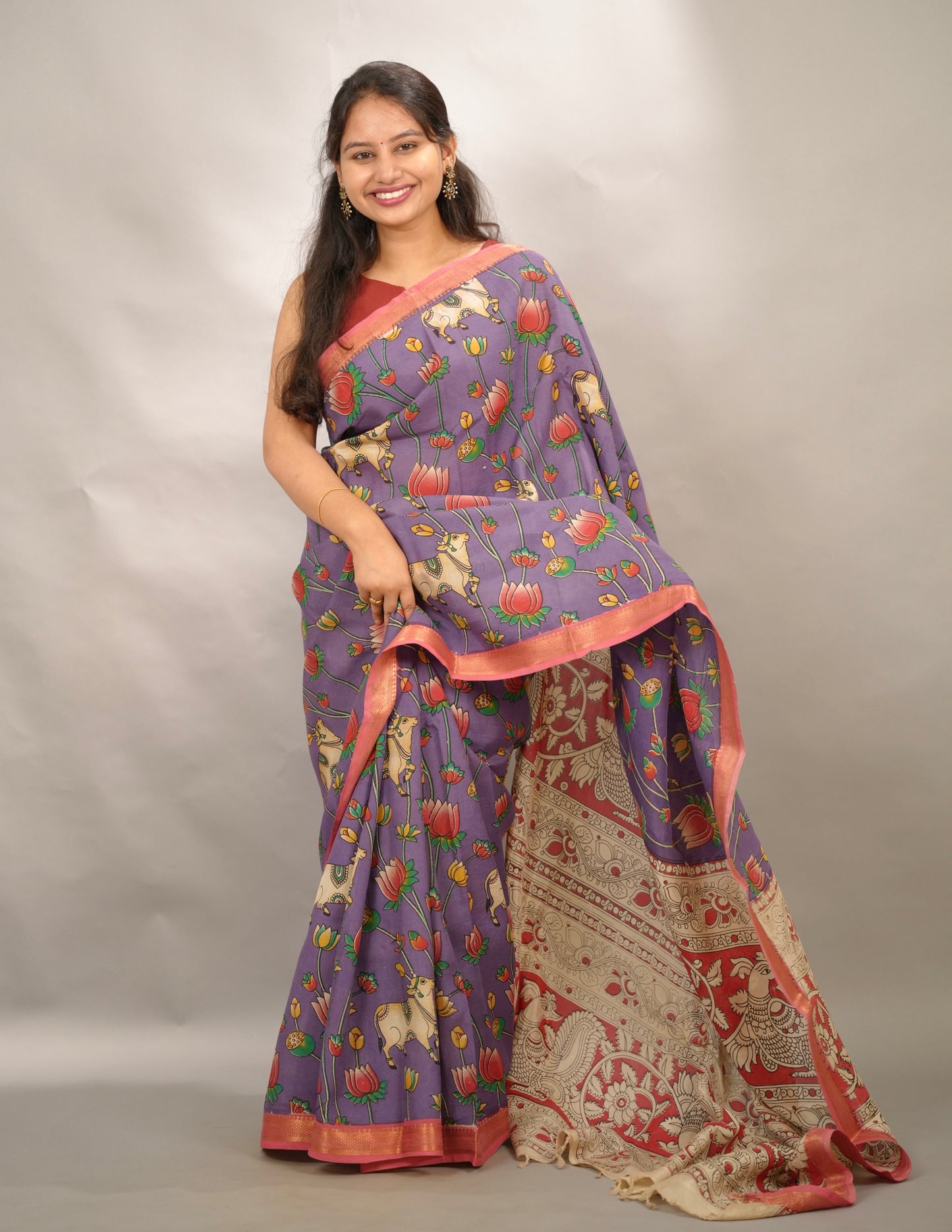 Lavender Kalamkari Nizam Border Chennur Silk Saree | Looms & Tassels