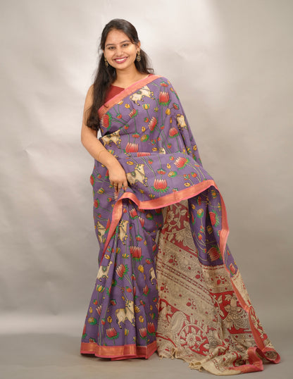 Lavender Kalamkari Nizam Border Chennur Silk Saree | Looms & Tassels