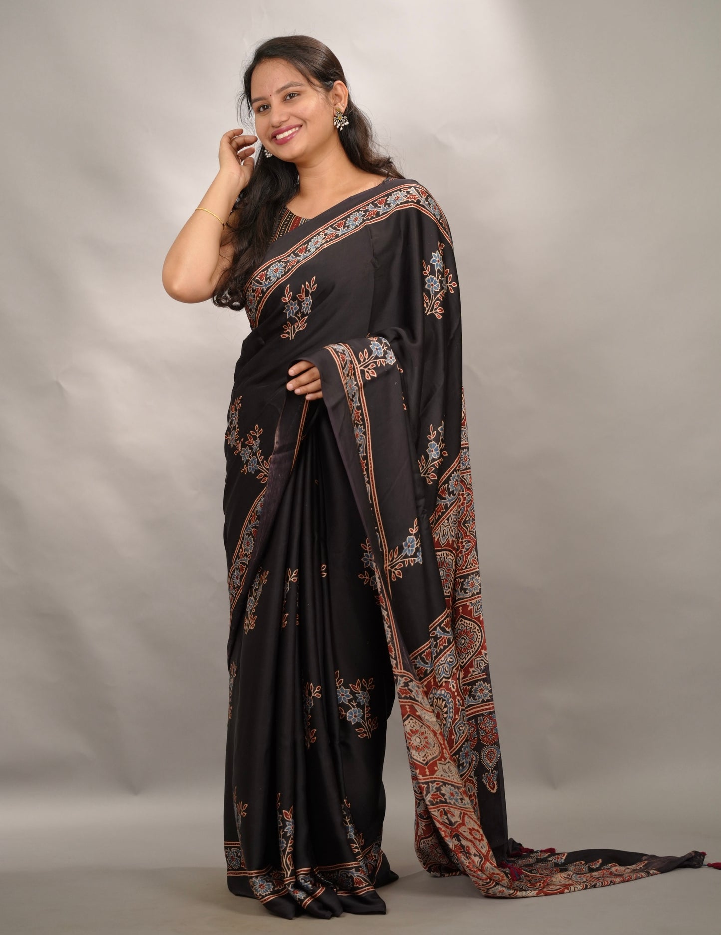 Black Authentic Ajrakh Handblock Printed Modal Silk Saree | Looms & Tassels