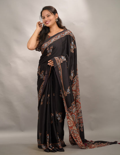 Black Authentic Ajrakh Handblock Printed Modal Silk Saree | Looms & Tassels