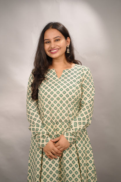 Cream Pure Mul Cotton Kali Kurta with Chudi Sleeves | Looms & Tassels