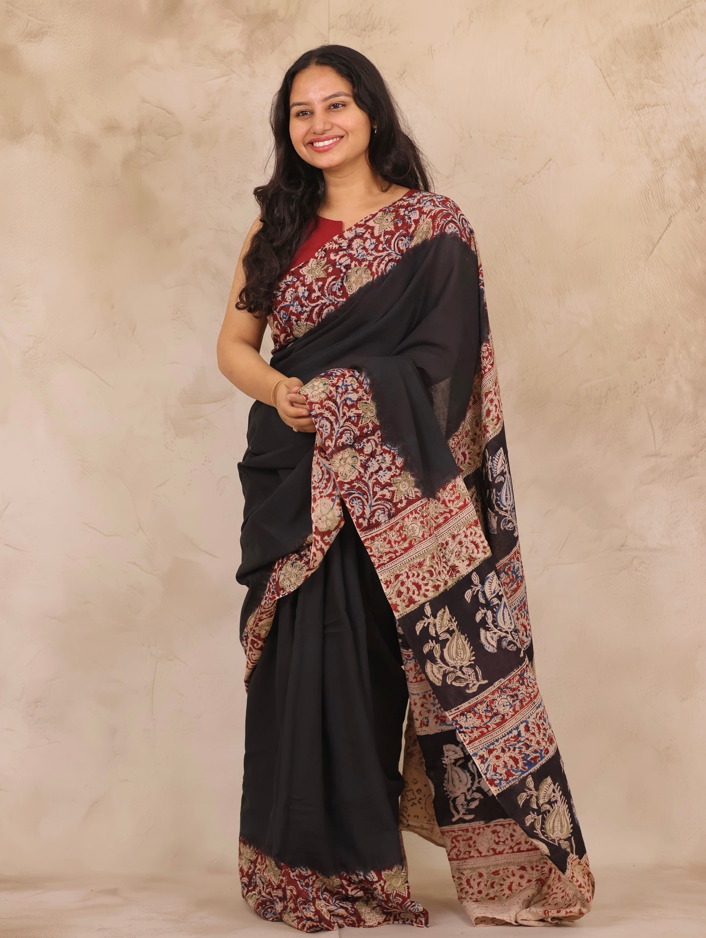 Black Hand Block Printed Kalamkari Cotton Saree | Looms & Tassels