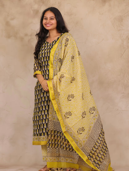 Black & Lemon Yellow Handblock printed Pure Maheswari Silk 3 piece suit (stitched)
