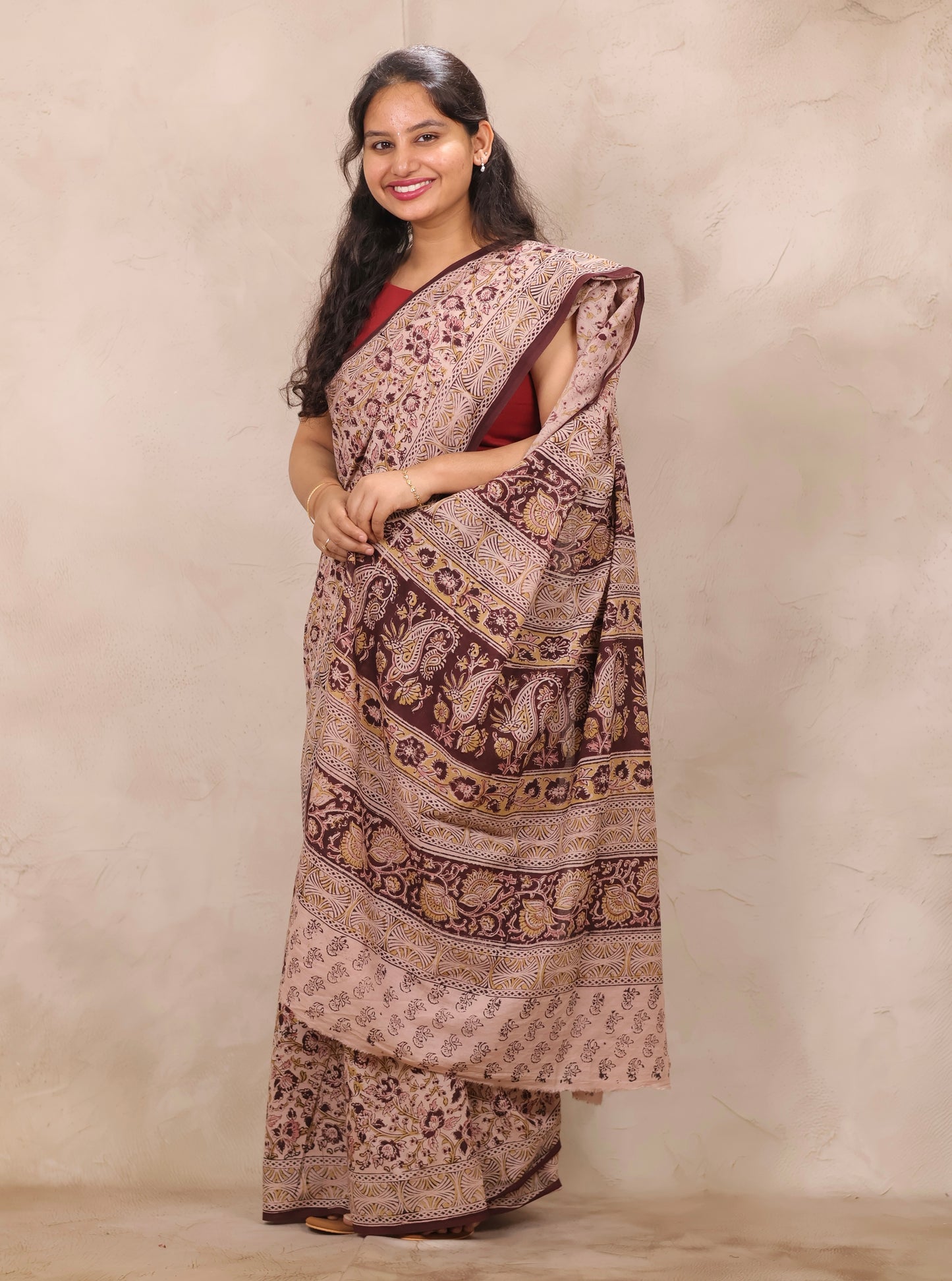Cream Hand Block Printed Kalamkari Cotton Saree | Looms & Tassels