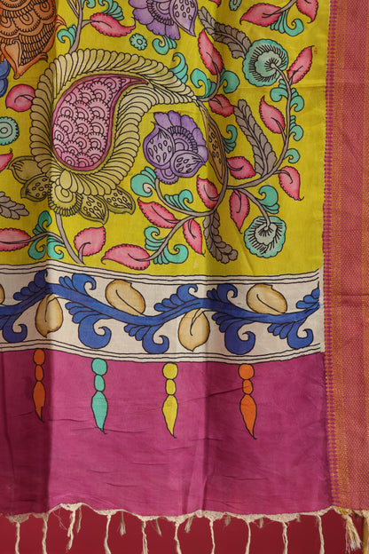 Yellow Pen Kalamkari chennur silk duppata