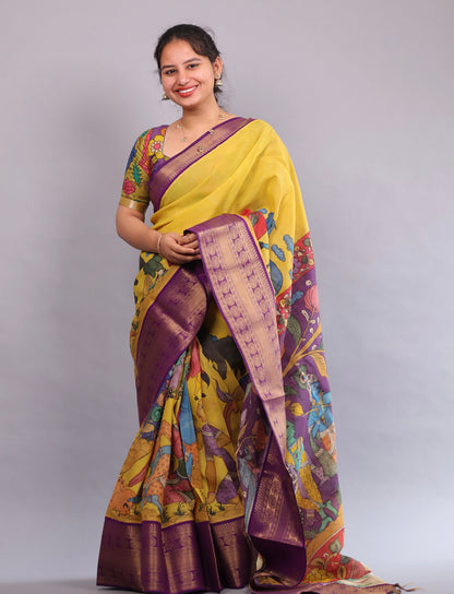 Yellow Hand Painted Pen Kalamkari Silk Saree