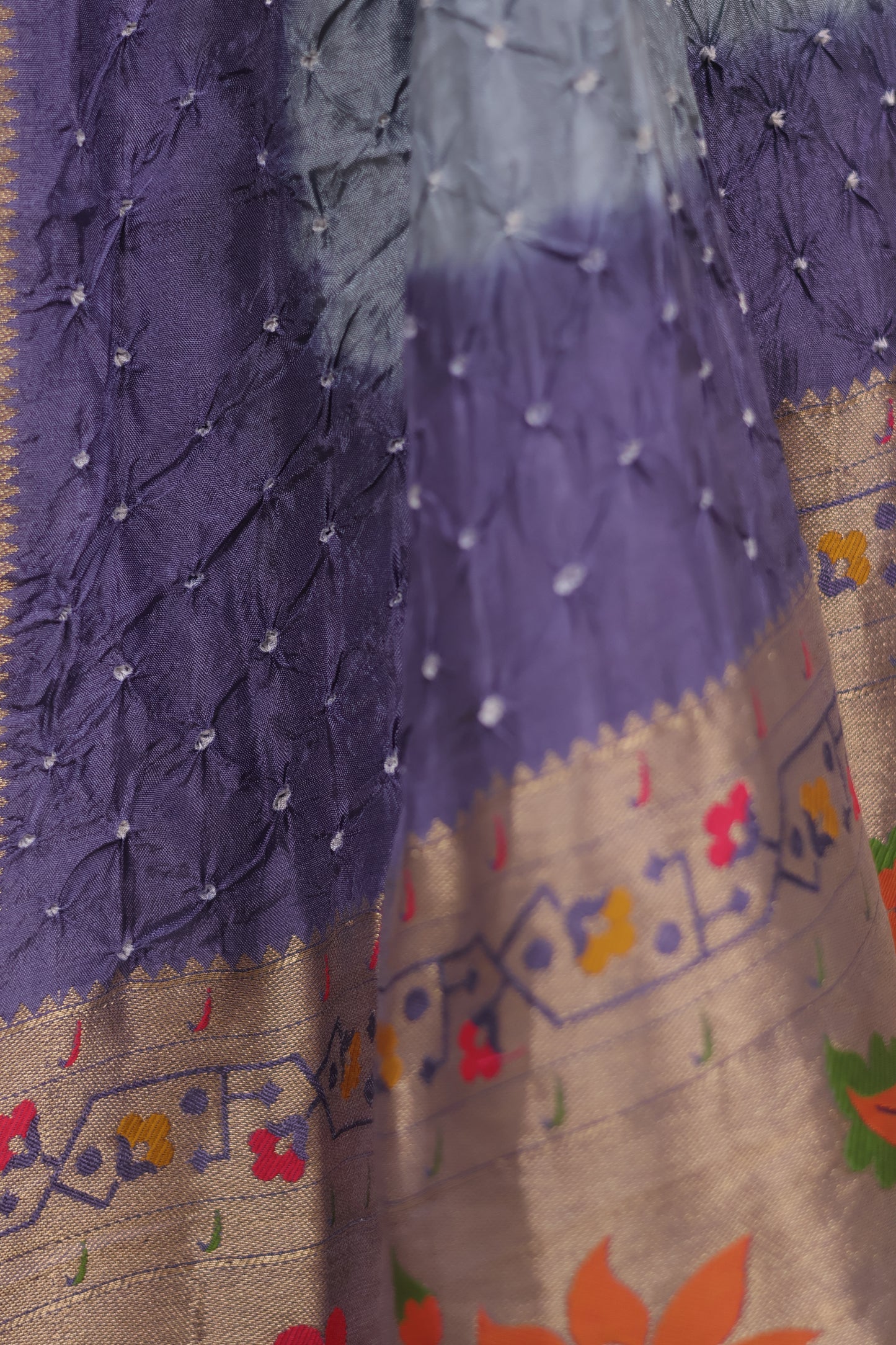 Blue & Grey Handcrafted Bandhani Paithani Dola Silk Saree | Looms & Tassels