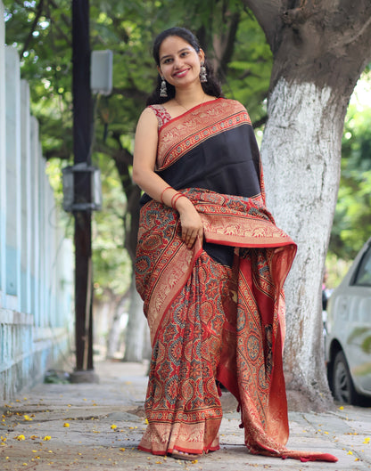 Black & Red Ajrakh Dola Silk Saree