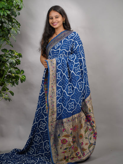 Blue Handcrafted  Pattern Bandhani Paithani Dola Silk Saree | Looms & Tassels