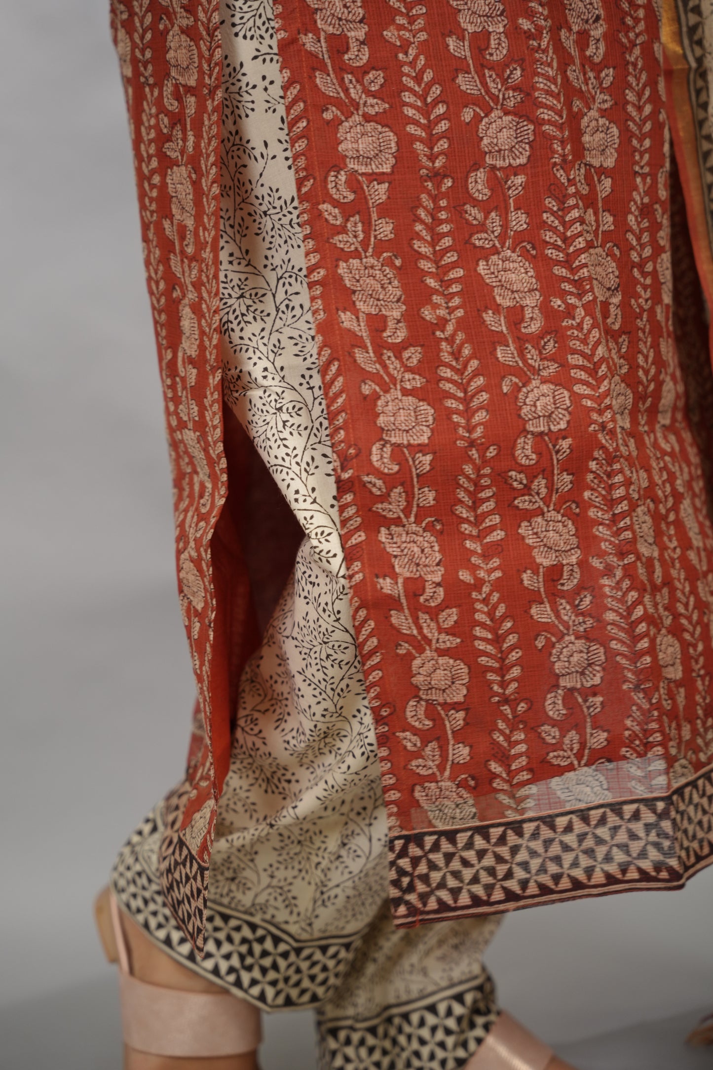 MaroonHandblock printed kota 3 piece suit (stitched)