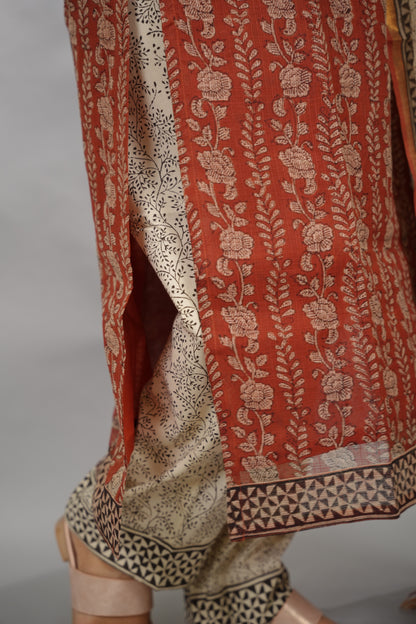 MaroonHandblock printed kota 3 piece suit (stitched)