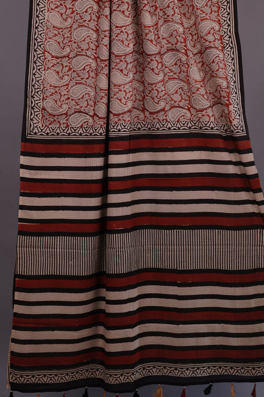 Maroon Bagru Handblock printed MulMul cotton saree with Tassels