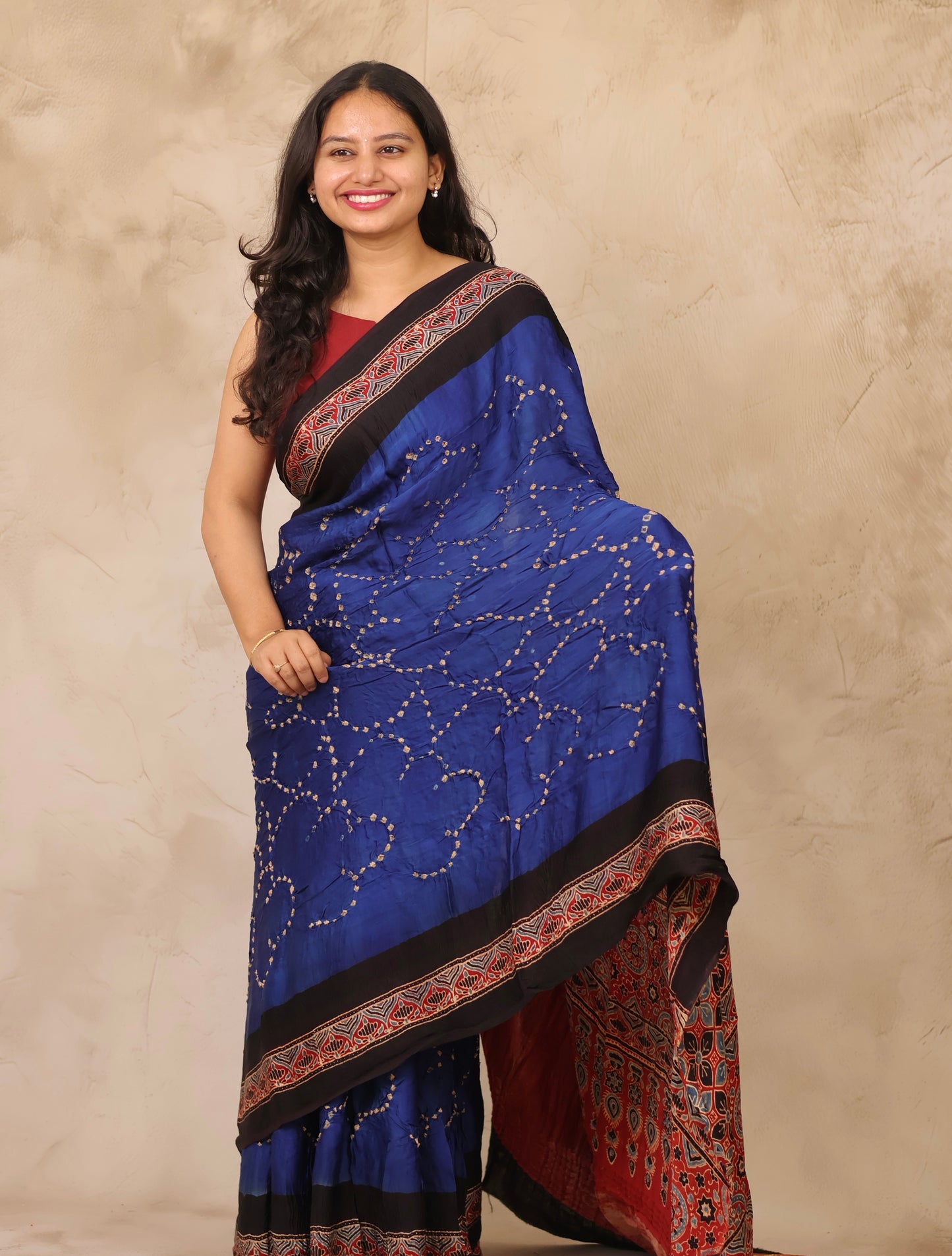 Blue Hand Knotted Bandhej Arakh Modal Silk Saree with Lagdi Pallu | Looms & Tassels