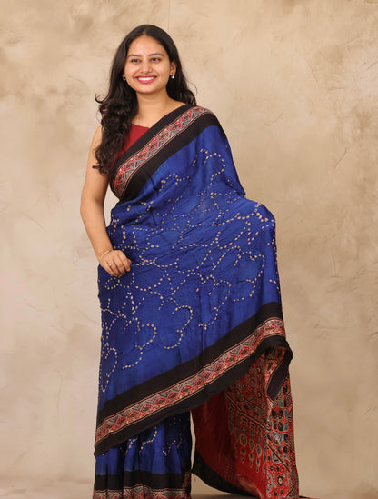 Blue Hand Knotted Bandhej Arakh Modal Silk Saree with Lagdi Pallu | Looms & Tassels