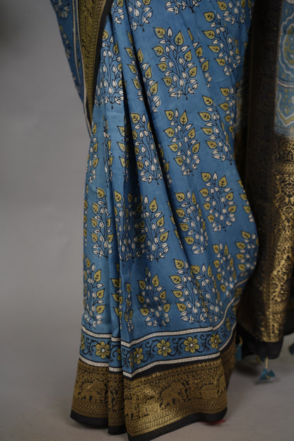 Ajrakh Dola Silk Saree - Blue | Looms & Tassels