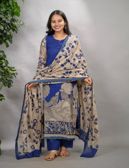 Blue Kalamkari Kota Cotton 3 piece suit (stitched) | Looms & Tassels