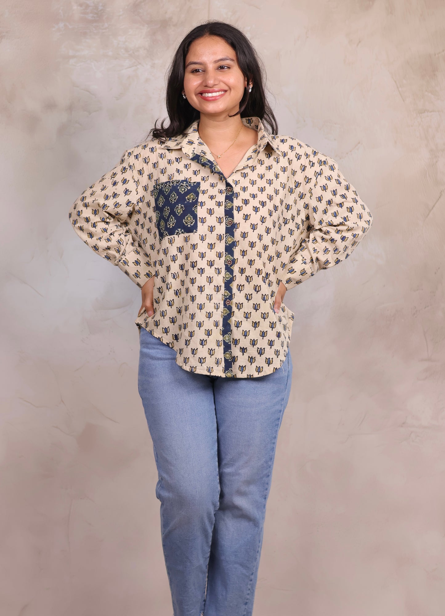 Cream Ajrakh Handblock Printed Patch Work Shirt (Pure Cotton ) | Looms & Tassels