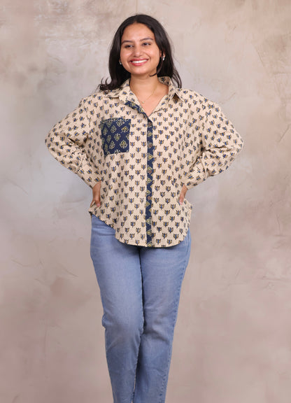 Cream Ajrakh Handblock Printed Patch Work Shirt (Pure Cotton ) | Looms & Tassels
