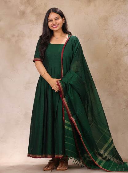 Green Narayanpet Cotton Anarkali Dress with Narayanpet Dupatta | Looms & Tassels
