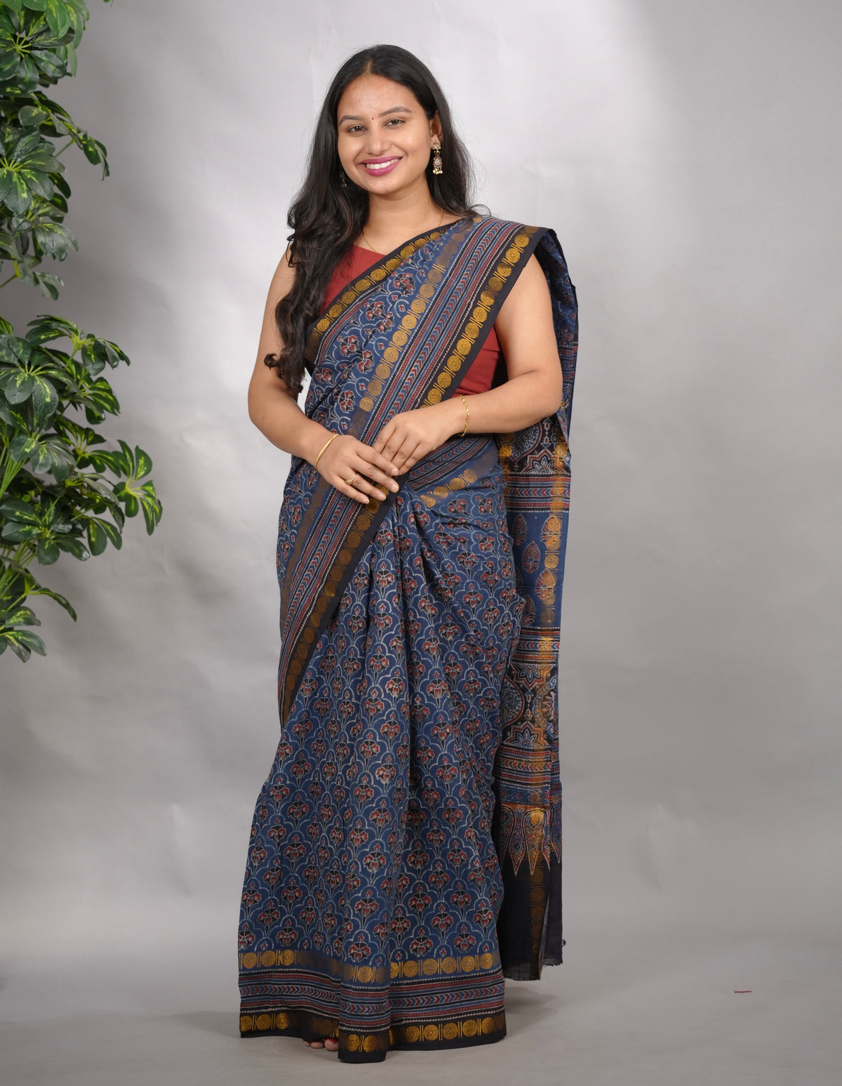 Indigo Ajrakh Hand Block Printed Sungudi Cotton Saree | Looms & Tassels
