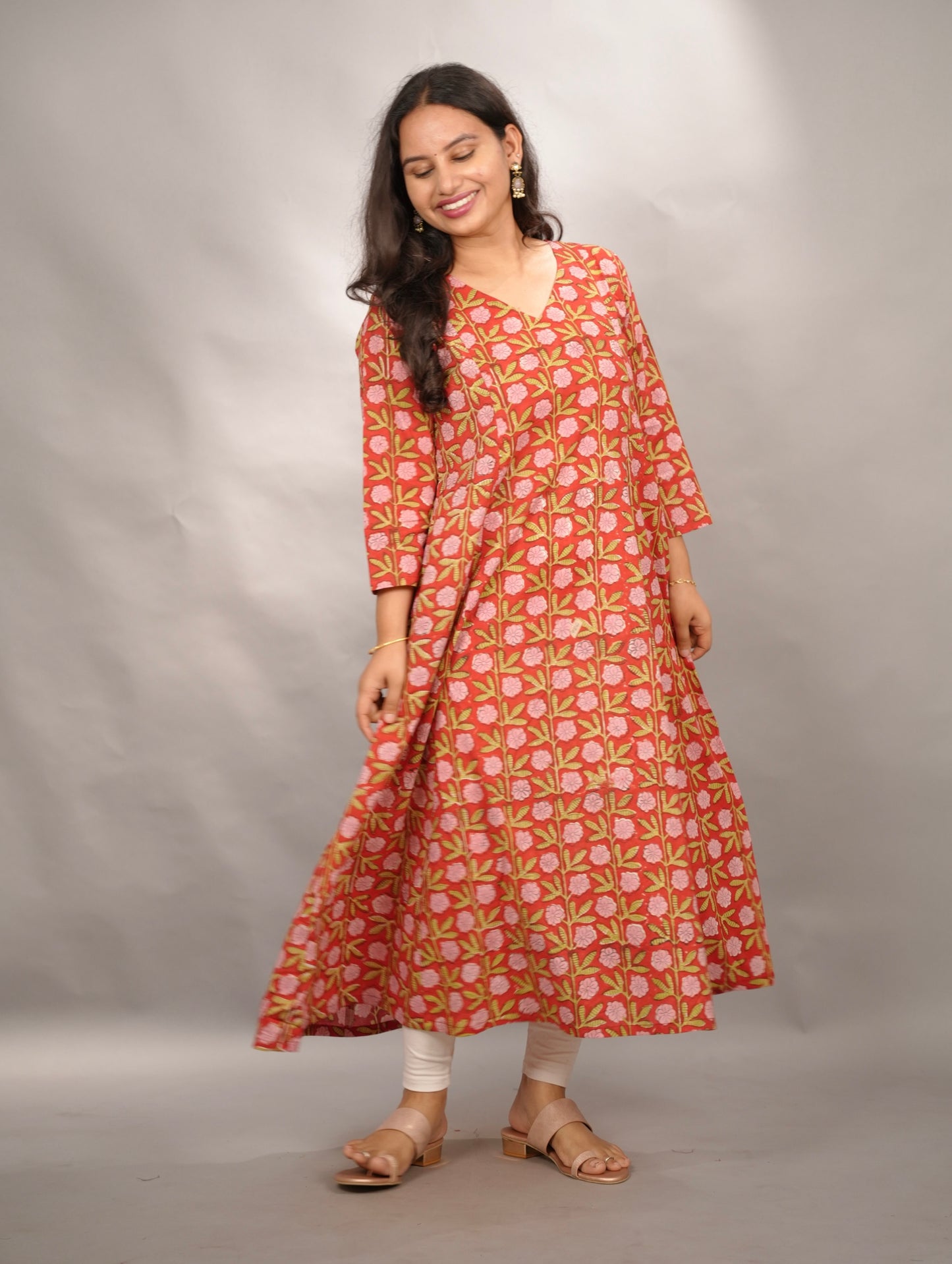 Red Pure Mul Cotton Kali Kurta  | Looms & Tassels