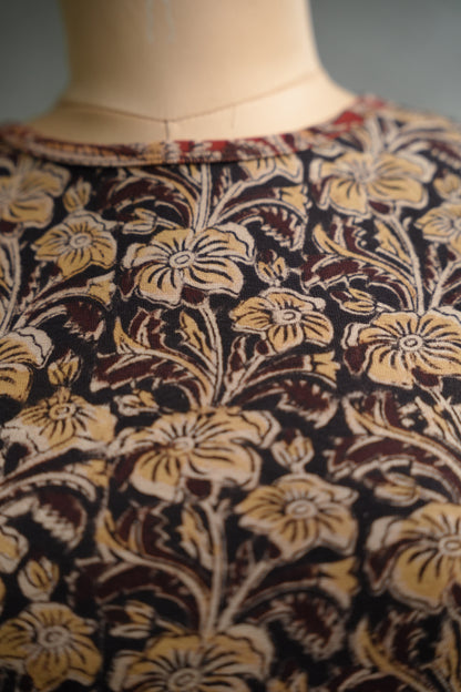 Brown Boat Neck Stretchable Hand block printed kalamkari blouse