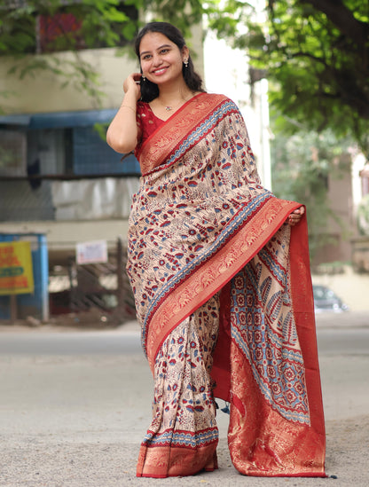 Cream Ajrakh Dola Silk Saree