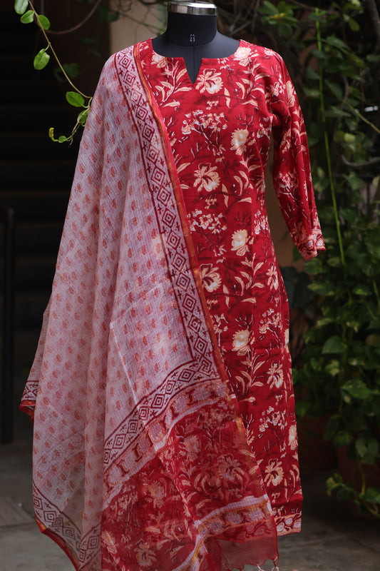 Red Handblock printed Pure Mul Cotton with Kota Doria Duppata 3 piece suit (stitched)