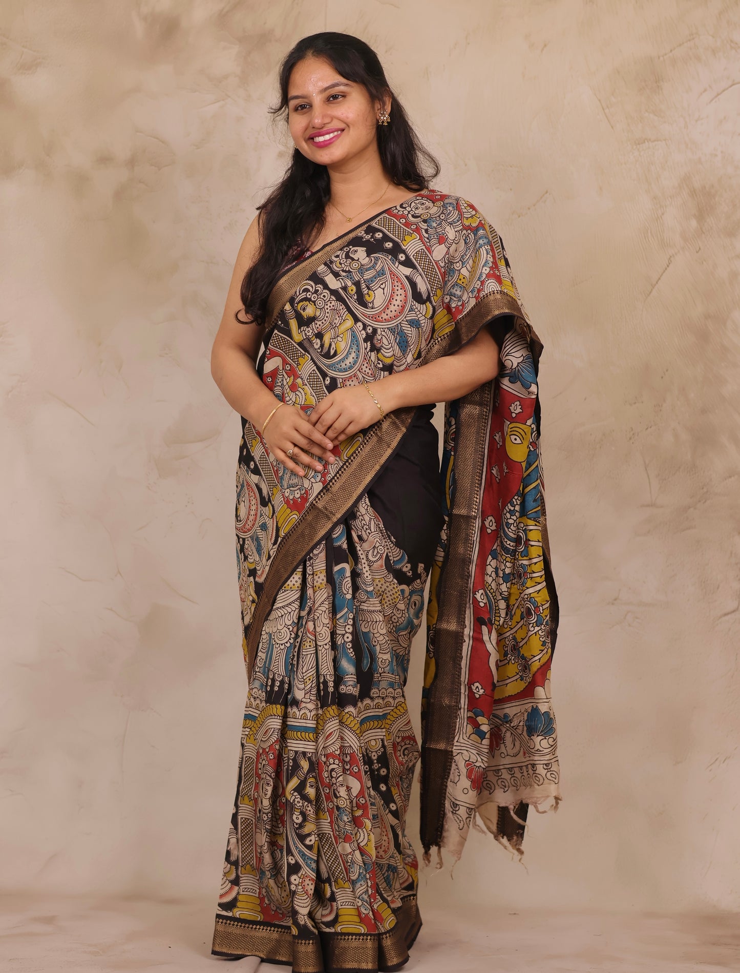 Black Story Telling Kalamkari Nizam Border Chennur Silk Saree | Looms & Tassels