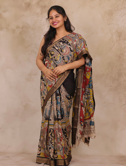 Black Story Telling Kalamkari Nizam Border Chennur Silk Saree | Looms & Tassels