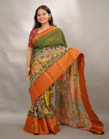 Olive Green Hand Drawn Pen Kalamkari Bangalore Silk Kanchi Border Saree | Looms & Tassels