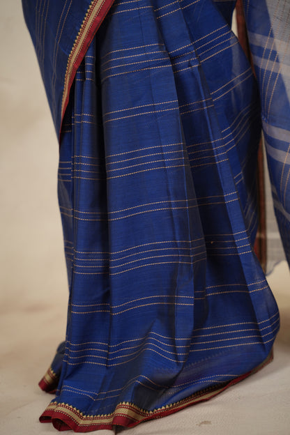 Blue Narayanpet Cotton Saree lines weaving | Looms & Tassels