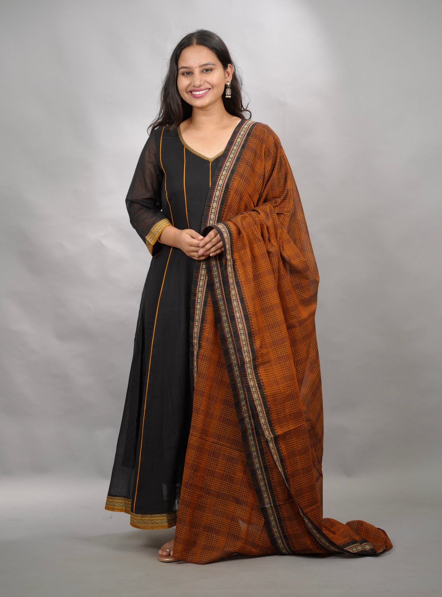 Black Narayanpet Cotton Anarkali Dress with Narayanpet Dupatta | Looms & Tassels