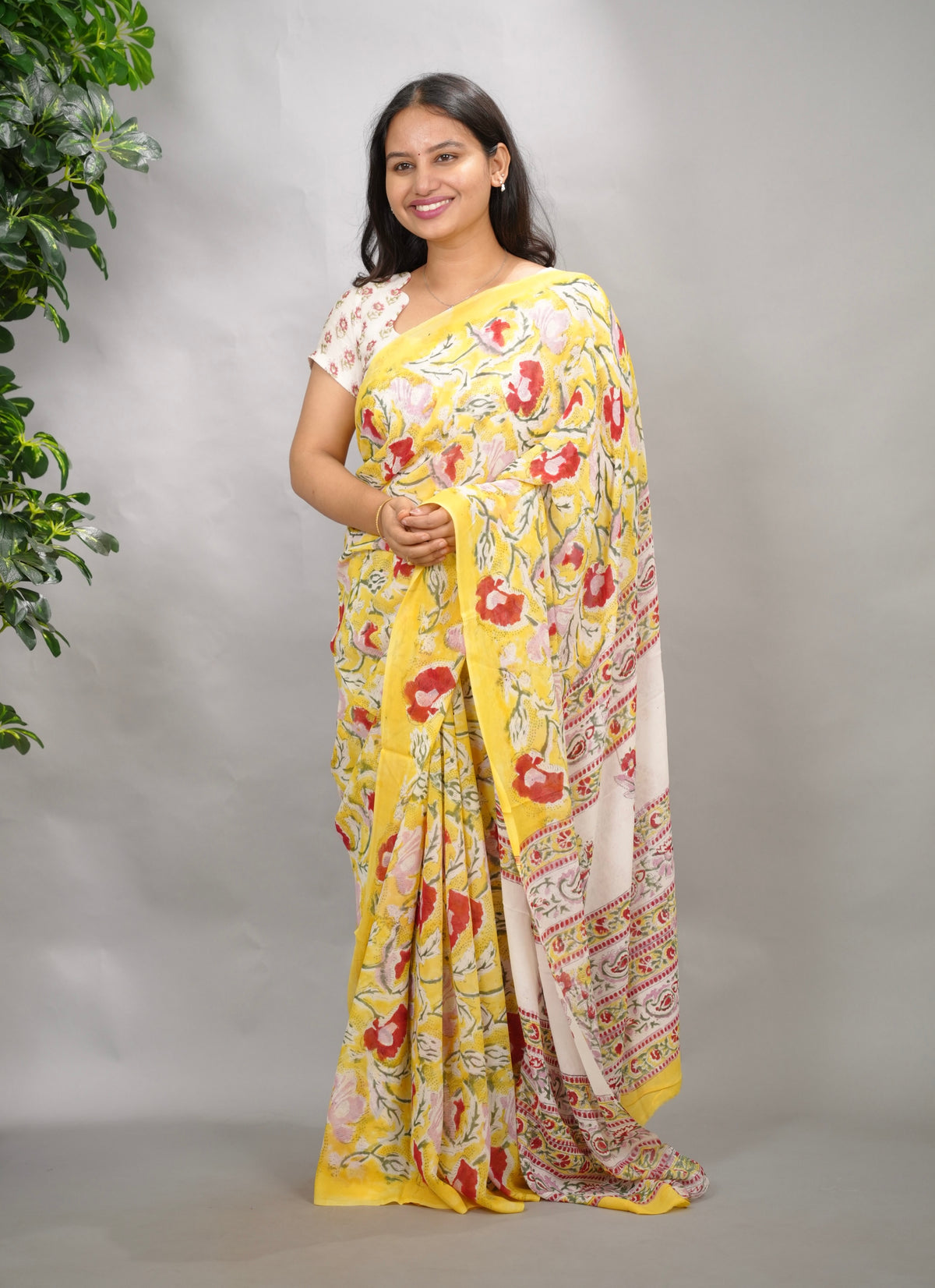 Yellow Georgette Hand Block Printed Saree| Looms & Tassels