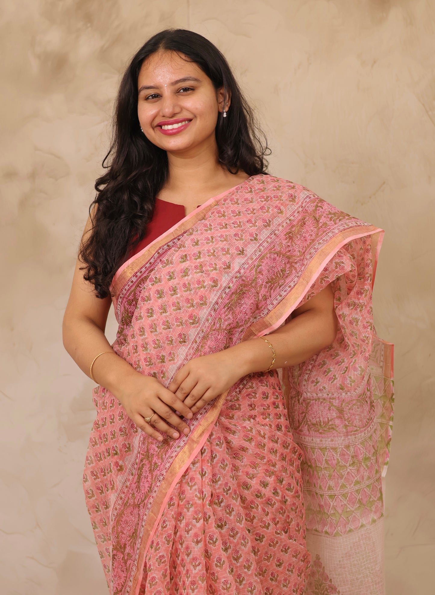Peach Pure Kota Doria Saree with Bagru Handblock Prints | Looms & Tassels