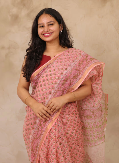Peach Pure Kota Doria Saree with Bagru Handblock Prints | Looms & Tassels