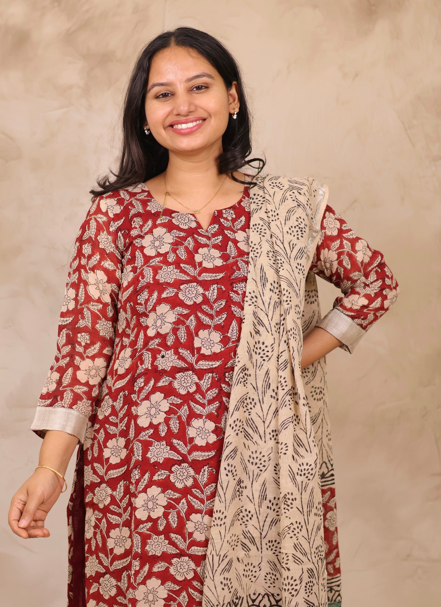 Maroon Linen Cotton Handblock printed 3 piece suit (stitched)