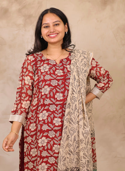Maroon Linen Cotton Handblock printed 3 piece suit (stitched)