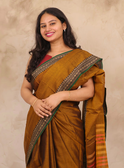 Mustard Narayanpet Cotton Saree | Looms & Tassels