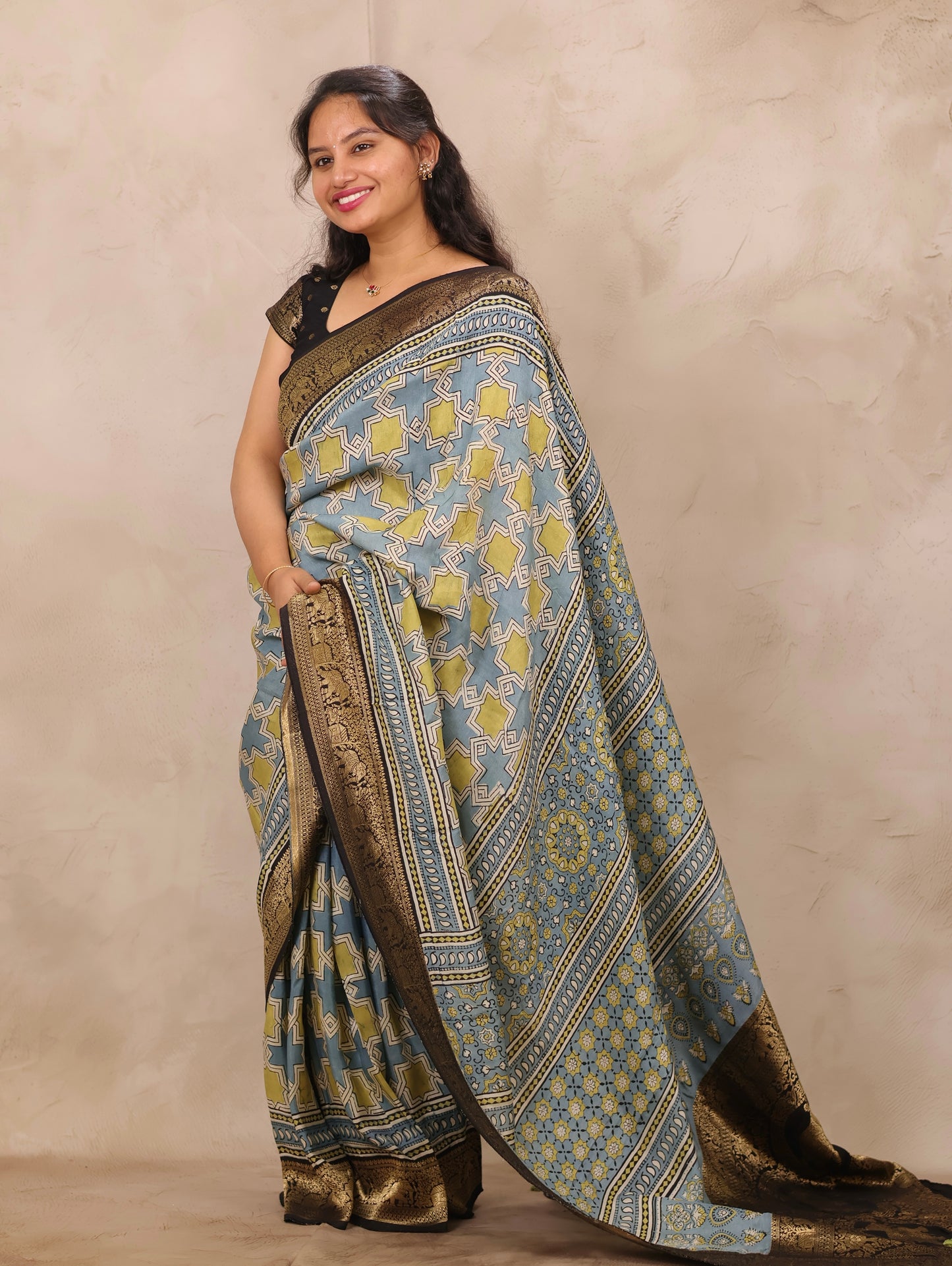 Sky Blue Ajrakh Handblock printed Dola Silk Saree | Looms & Tassels