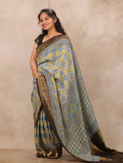 Sky Blue Ajrakh Handblock printed Dola Silk Saree | Looms & Tassels