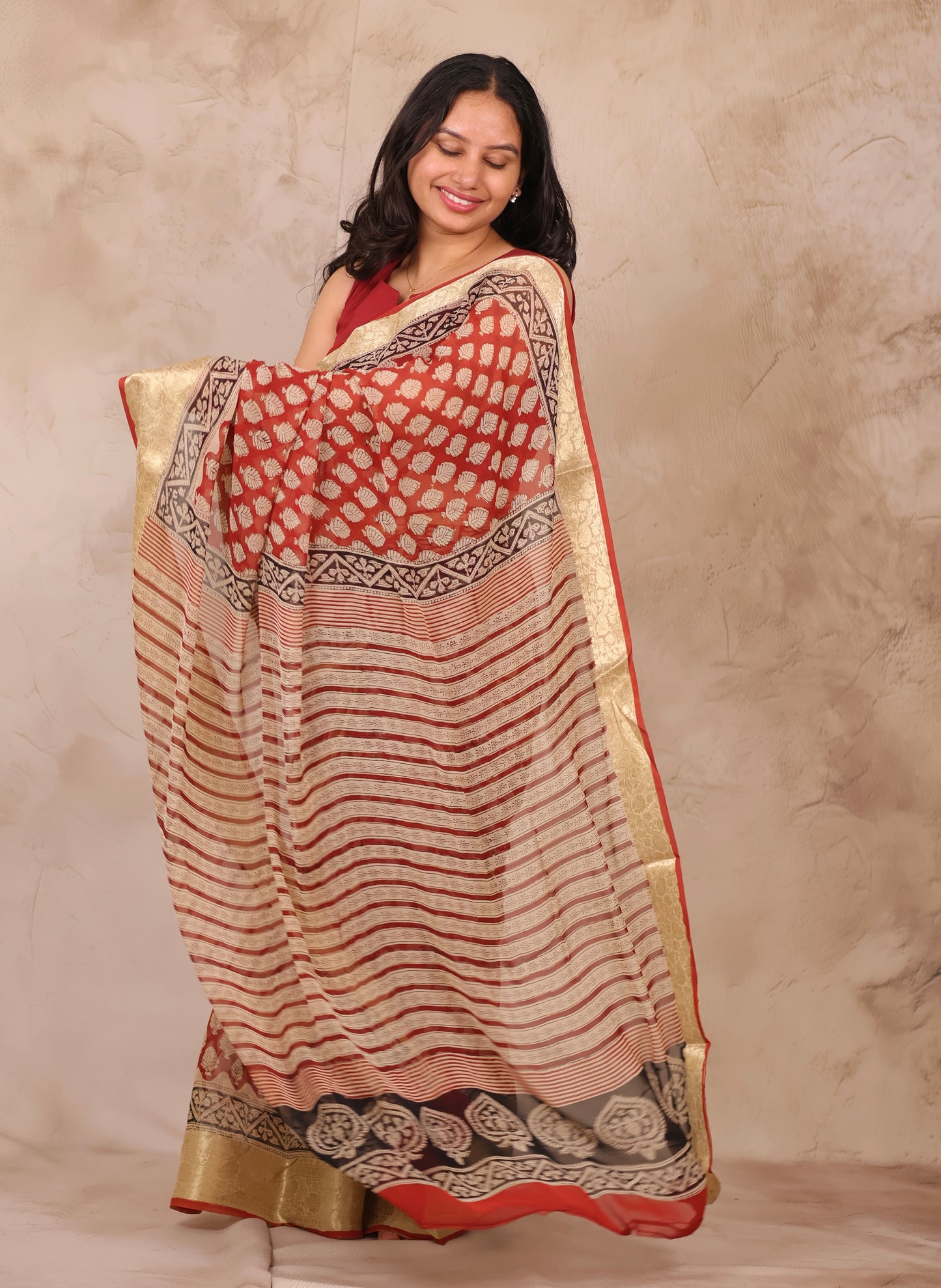 Maroon Chiffon Hand Block Printed Saree with Jari Border | Looms & Tassels