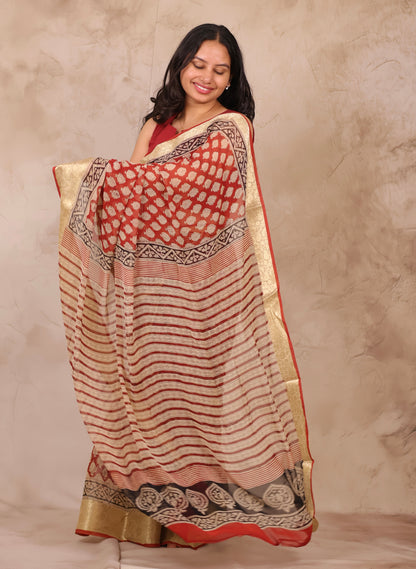 Maroon Chiffon Hand Block Printed Saree with Jari Border | Looms & Tassels