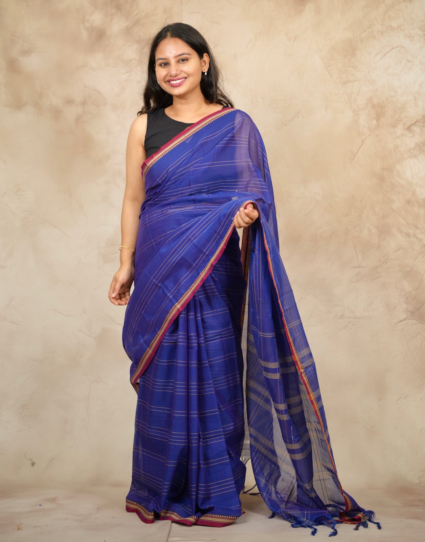 Blue Narayanpet Cotton Saree lines weaving | Looms & Tassels