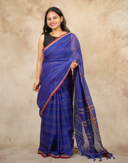 Blue Narayanpet Cotton Saree lines weaving | Looms & Tassels