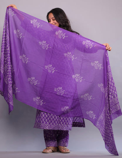 Purple Handblock printed Pure Mul Cotton with Mul Cotton Duppata 3 piece suit (stitched)