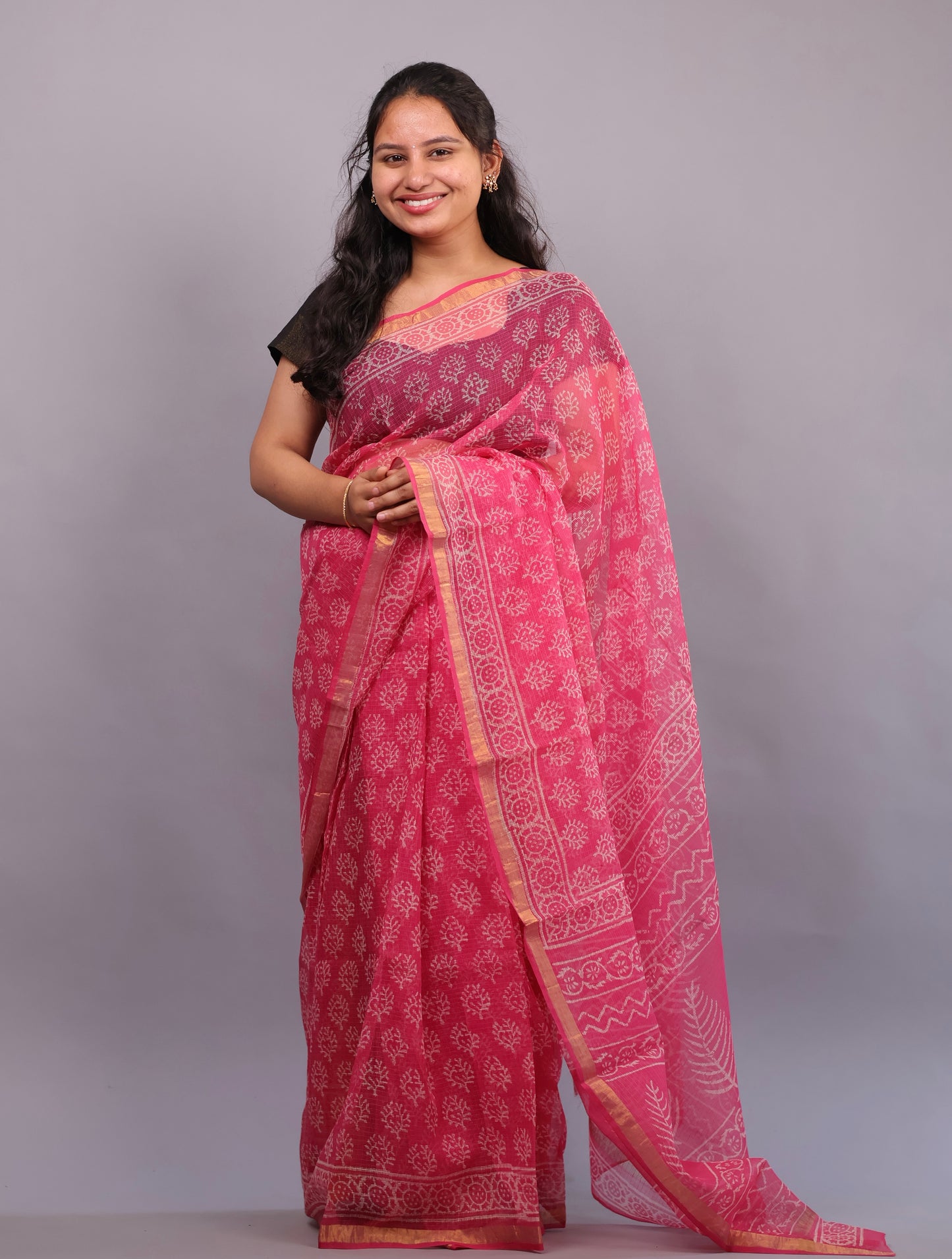 Pure Kota Doria Saree with Bagru Handblock Prints – Pink | Looms&Tassels