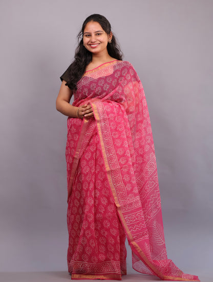 Pure Kota Doria Saree with Bagru Handblock Prints – Pink | Looms&Tassels