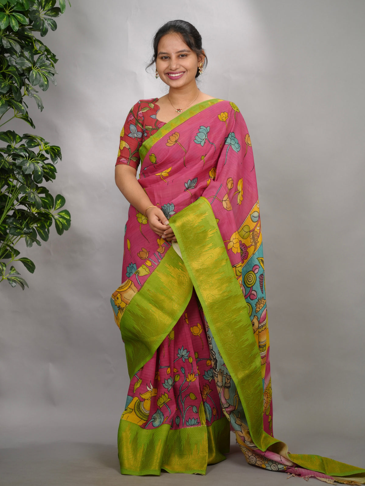 Pink Hand Drawn Pen Kalamkari Bangalore Silk Kanchi Border Saree | Looms & Tassels
