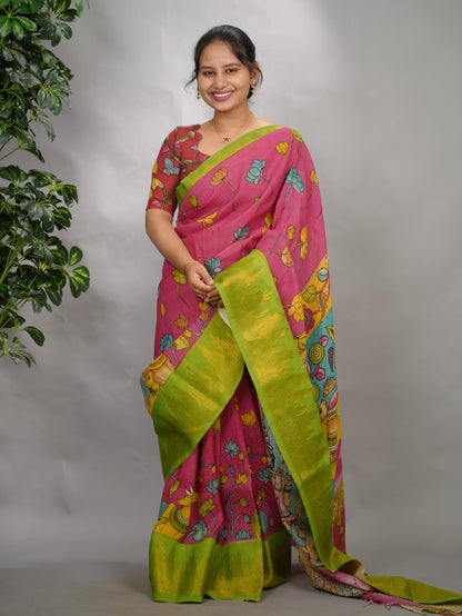 Pink Hand Drawn Pen Kalamkari Bangalore Silk Kanchi Border Saree | Looms & Tassels